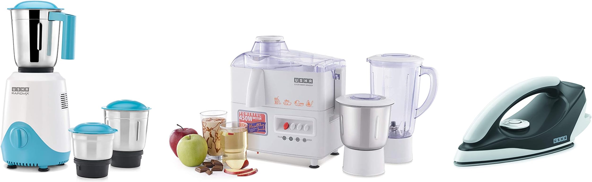 USHA RapidMix 500-Watt Copper Motor Mixer Grinder (Sea Green/White) & Dry Iron (Black) & Usha 3345 450-Watt Juicer Mixer Grinder with 2 Jars (White)