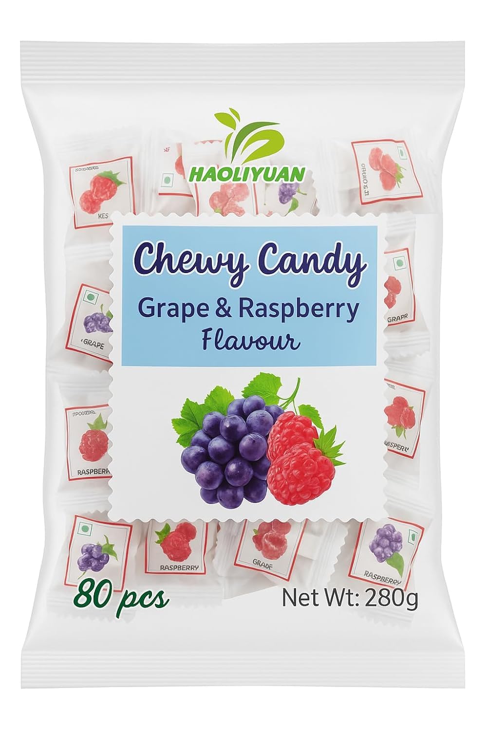 Haoliyuan ThaI Chewy Candy, Grape & Raspberry Flavours,80 Pieces, Net Wt: 280gm