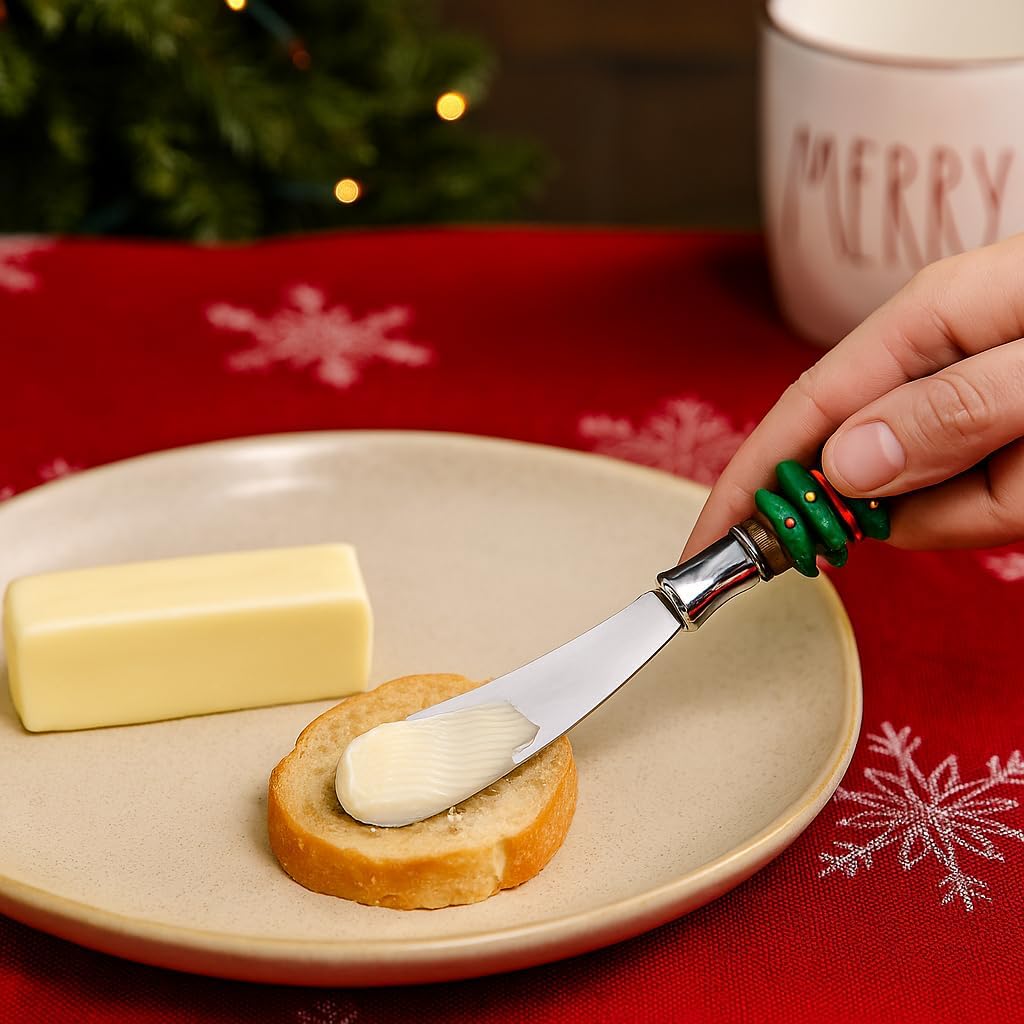 Christmas Cheese Spreaders Set of 8 – Holiday Resin Hand-Painted Handles with Stainless Steel Blades – Festive Butter Knives for Cheese, Jam, Spreads – Christmas Party Appetizer Serving Decor