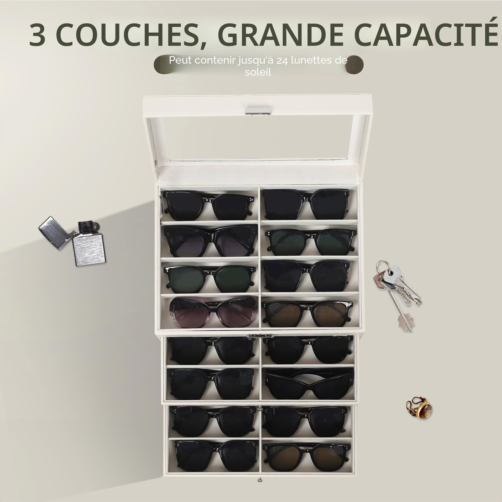 AUTOARK Étui de rangement verrouillable en cuir avec couvercle transparent pour 24 lunettes de soleil,Beige,MKAW047