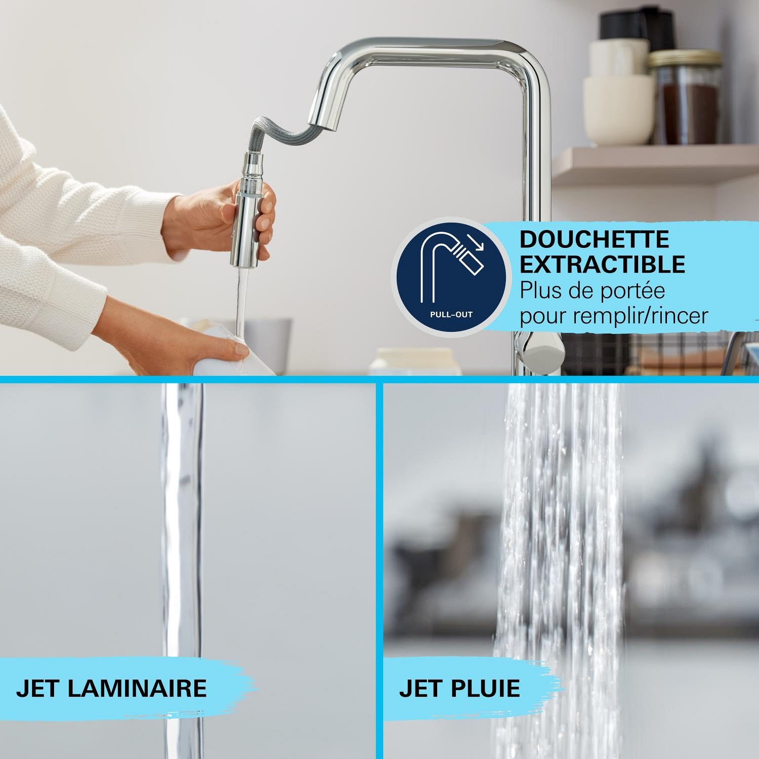GROHE StartLoop Robinet de Cuisine, Mitigeur Monocommande Evier, Mousseur Extractible, Bec Haut, Zone de Rotation 360°, Chromé, 30556000