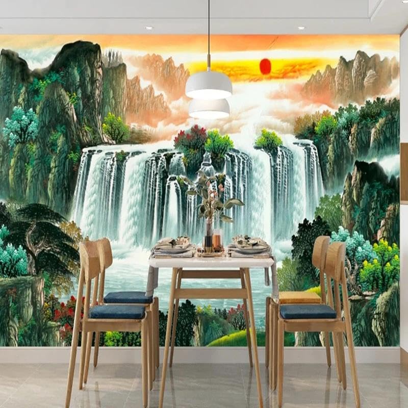 Papier peint cascade paysage chinois en soie 140x70 cm pour salon