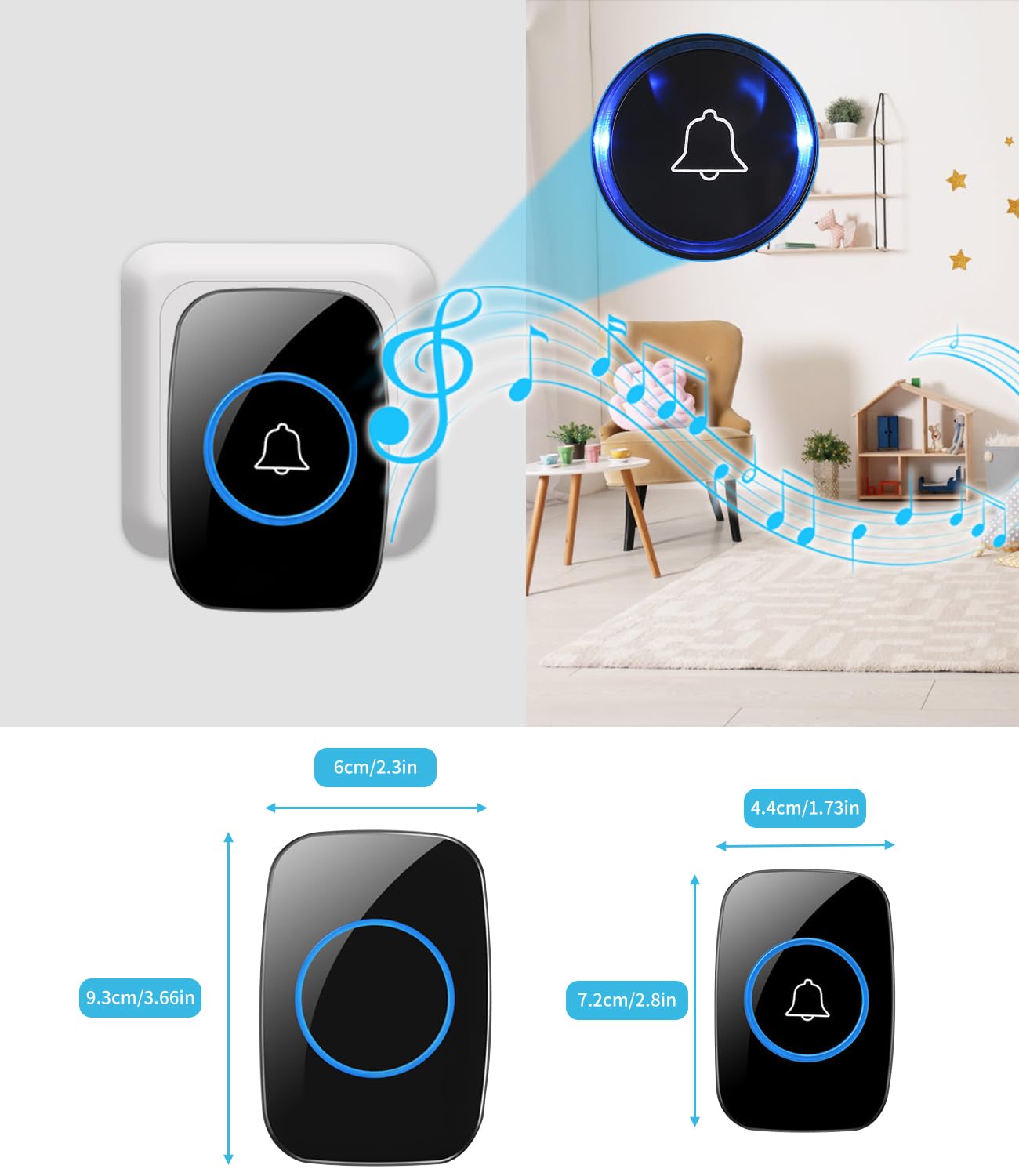 Timbre Inalámbrico Exterior Impermeable,Ip55 Kit De Timbre Inalambrico Doorbell Con 60 Melodías, Led Azul Para El Emergencias Hogar Oficina Hotel,300 metros Timbre Negro Timbre Casa Interior