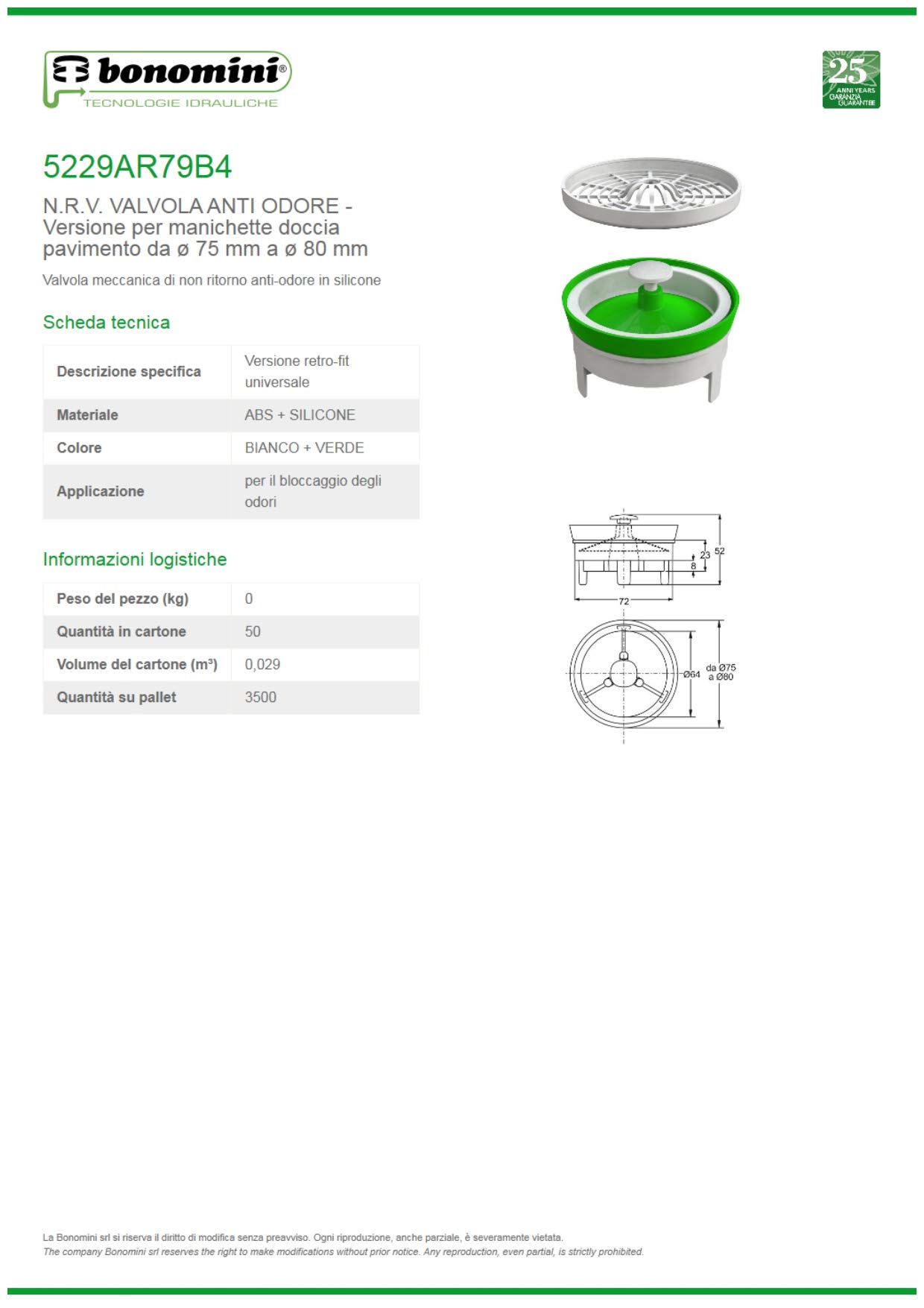 Bonomini 5229AR79B4 - valvola di non ritorno meccanica in silicone - antiriflusso, antiodore - per manichette doccia da 75 a 80mm - grigio/verde