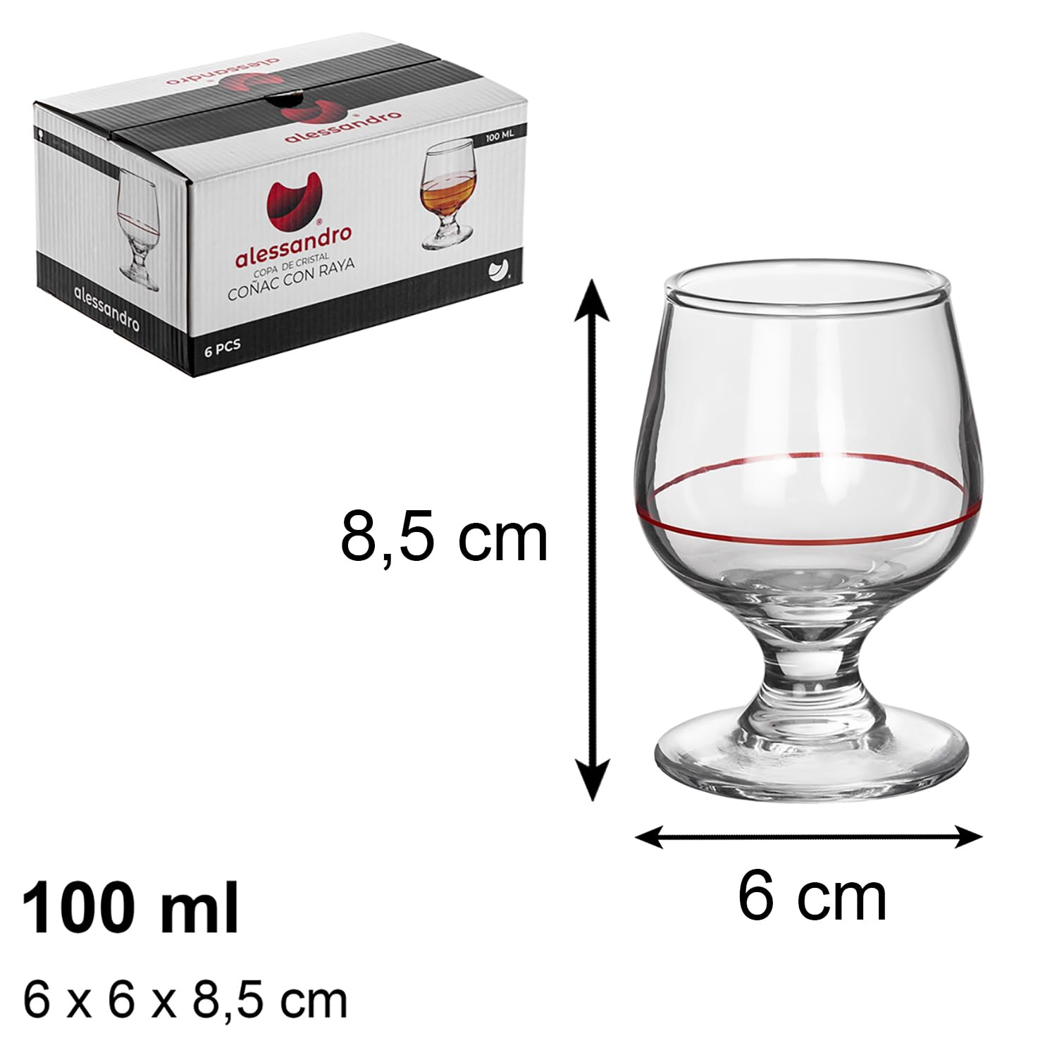 TWO TIGERS Pack Copas de Coñac Alessandro. Copa de Cristal, Tamaño. Copa Brandy Ideal para Licores. Hosteleria, Restaurantes, Bar, Fiestas (100ml Linea Roja (6Ud))