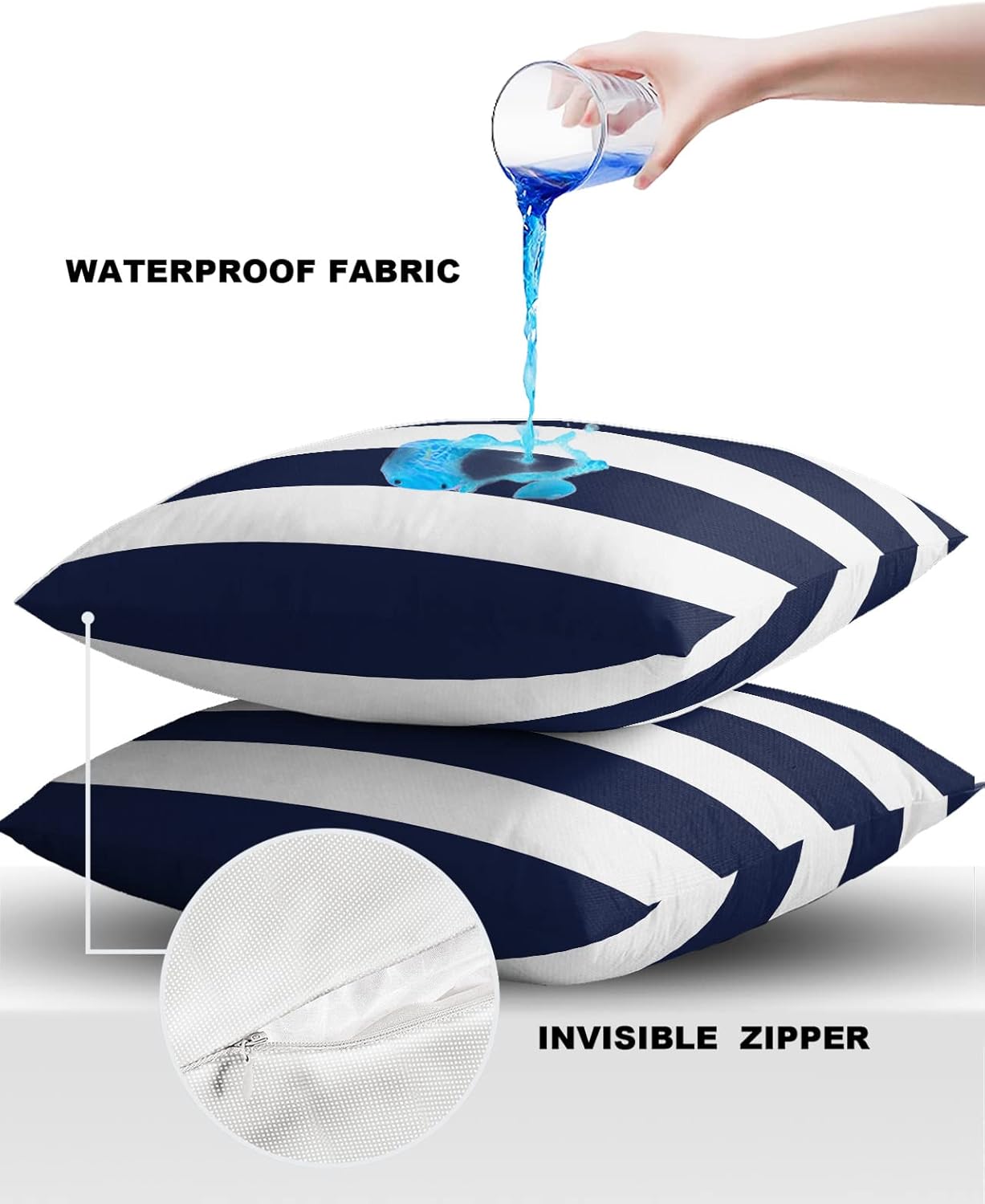 Outdoor Pillow Covers 24x24 Waterproof Polyester Throw Pillow Covers, Navy Blue White Stripes Decorative Pillowcases Garden Cushion Case for Patio Couch Sofa Decoration Set of 2, Geometric Summer