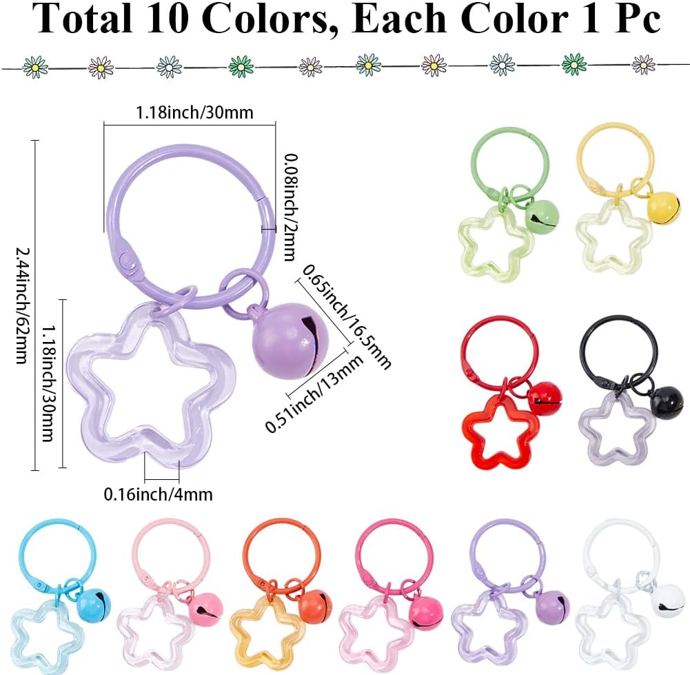 Beebeecraft 20Pcs 10 Colors Acrylic Star Keychain Colorful Bell Key Ring Clasp Clip Bag Charm Key Chains for Decoration