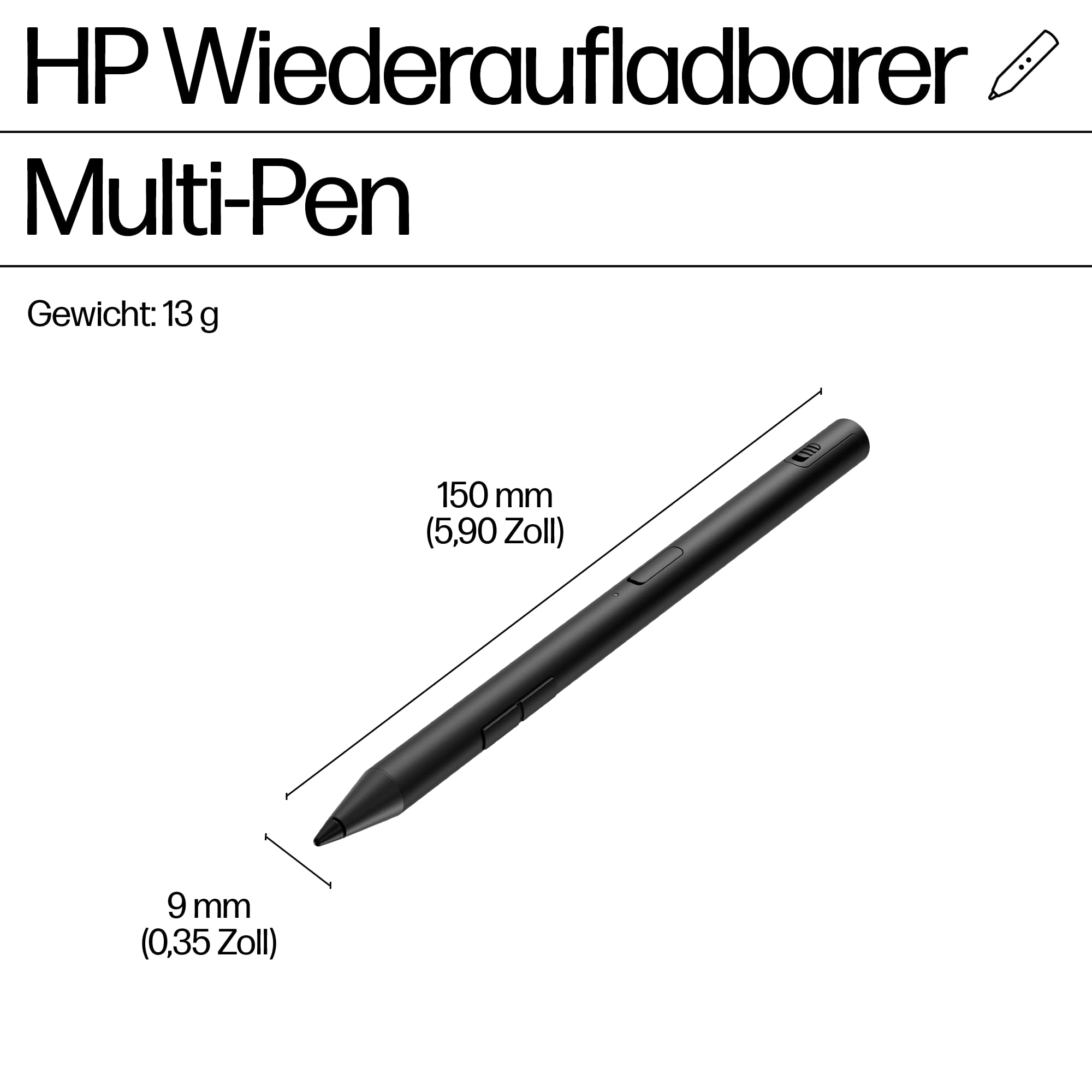HP 700 Wiederaufladbarer Multi Pen – USB-C, 4096 Druckstufen, 25 Tage Akkulaufzeit, Kompatibel mit MPP 2.0/USI 1.0/AES 2.0, 60% Recyceltes Material, Schwarz
