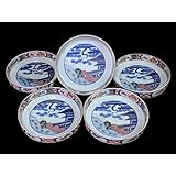 大聖寺伊万里 色絵 松に邸宅の図 縁高４寸皿 ５枚 C595AS-BRq