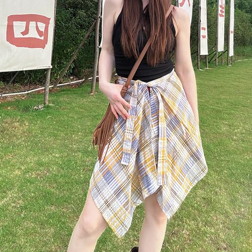 Vintage Checkered Graffitis A Line Short Wrap Skirt for Women Layering Hip Covering Scarf Tie Up Asymmetrical Apron Skir Yellow Plaid4