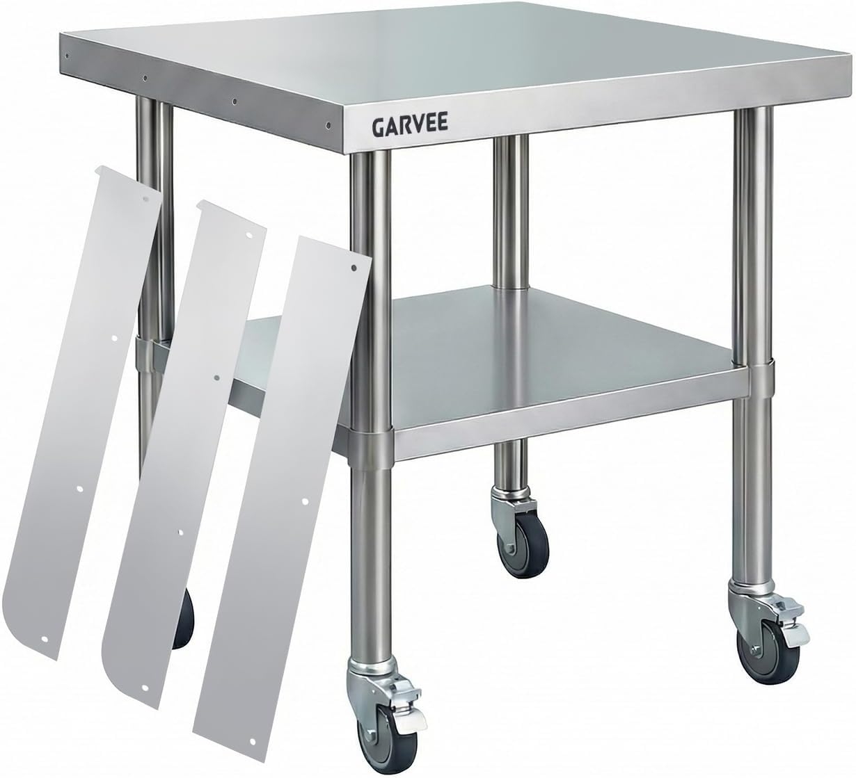 Heavy Duty Stainless Steel Commercial Work Table with 3-Sided Removable Rim, 4 Locking Wheels & Adjustable Undershelf, Mobile Kitchen Prep Cart for Restaurant Bakery Garage（24 * 36）