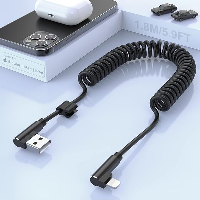 MTAKYI iPhone Spiral Charging Cable, 90 Degree Right Angle Apple Charging Cable [MFi Certified & Car Play Compatible] Data Transmission Coiled USB Cable, Suitable for iPhone 13/12/11/SE/Xs/Xr/8/7 Plus