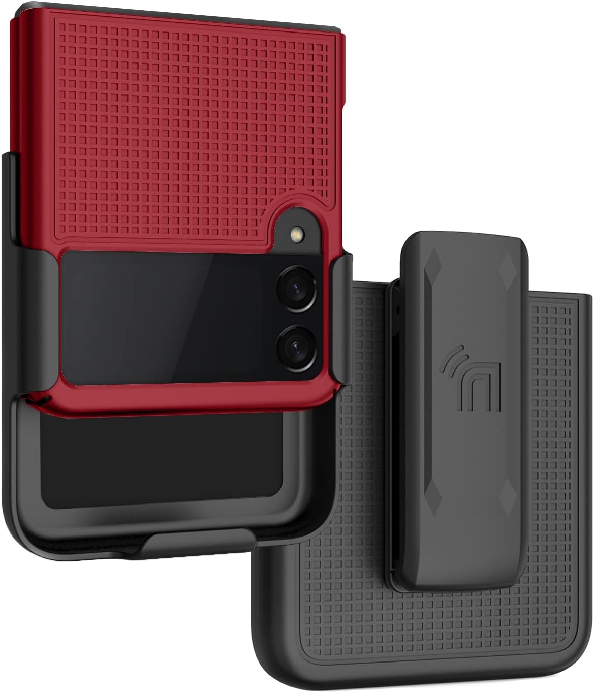 Case with Clip for Galaxy Z Flip 3 5G, Nakedcellphone [Grid Texture] Slim Hard Shell Cover and [Rotating/Ratchet] Belt Hip Holster Holder Combo for Samsung Z Flip3 Phone (SM-F711, 2021) - Red