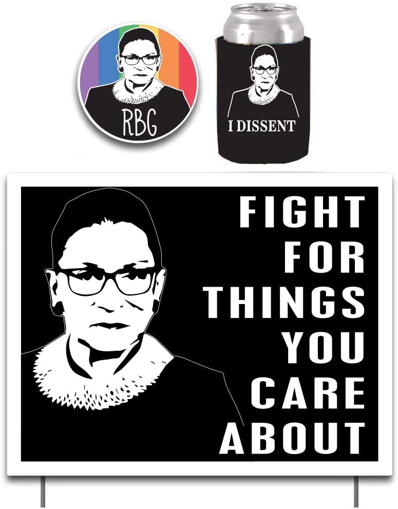 Ruth Bader Ginsburg Bundle, Includes 11 Inch x 14 Inch Ruth Bader Ginsburg Yard Sign with Stakes, RBG Can Cooler and RBG Decal (13614)