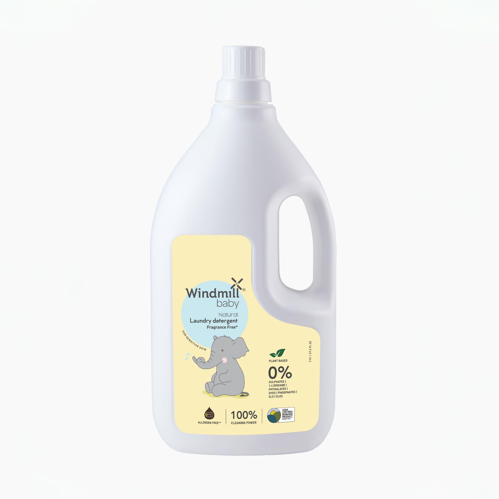 Windmill baby Natural Fragrance Free Laundry Detergent Liquid, USDA Certified, Allergen Free, Plant Based with Bio-Enzymes - 2000 ml