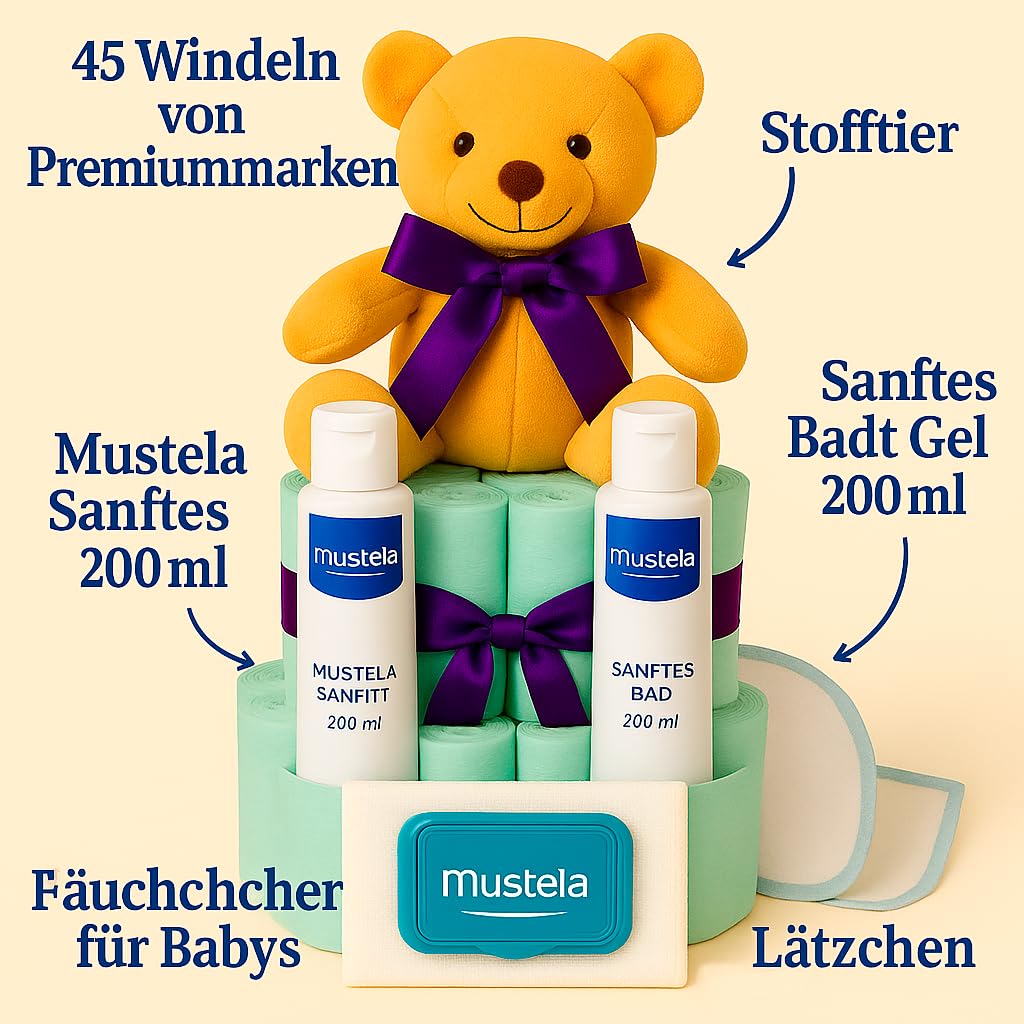 Mustela Windeltorte Personalisierte Baby Geschenk Junge Mädchen zur Geburt Neugeborenes Erstausstattung Geschenkset Pampers Mustela Babyset Größe 2 Unisex Babyparty Geschenk für frischgebackene Mütter