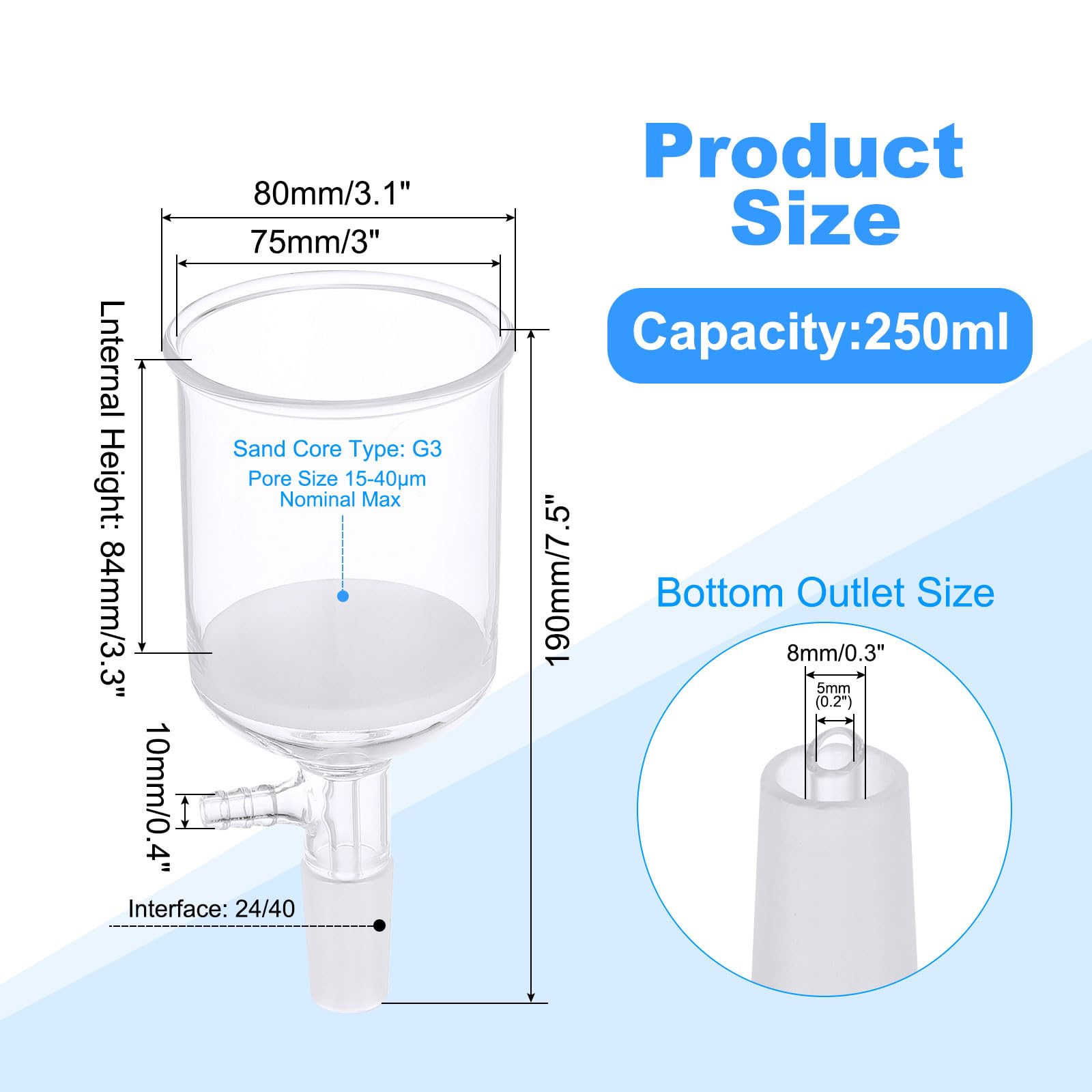 PATIKIL Buchner-Trichter 250ml Borosilikatglas Buchner-Filtertrichter Mit Feiner Fritte (G3) 24/40 Standard Schliff Inner Joint Für Labor Experiment Durchsichtig 75mm ID 84mm Tiefe