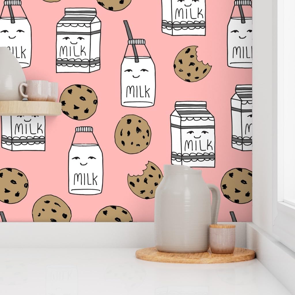 Peel & Stick Wallpaper Swatch - Milk Cookies Midnight Food Pink Kids Baby Girls Cute Custom Removable Wallpaper by Spoonflower