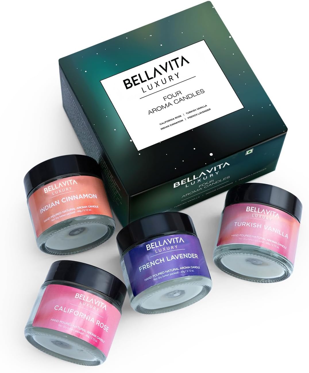 Bella Vita Organic Soy Wax Aroma Candles Set Of 4 Scented Aromatic Fragrance Vanilla, Cinnamon, Lavender & Rose For Gifting Home, 60 Gms Each,Up To 15 Hours Burn Time