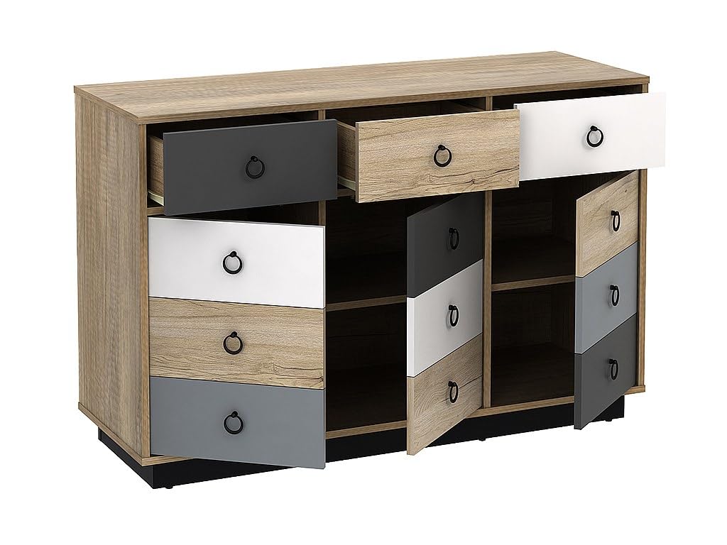 Vente-unique - Commode Krypton - 3 tiroirs et 3 Portes - Coloris : chêne, Blanc et Gris