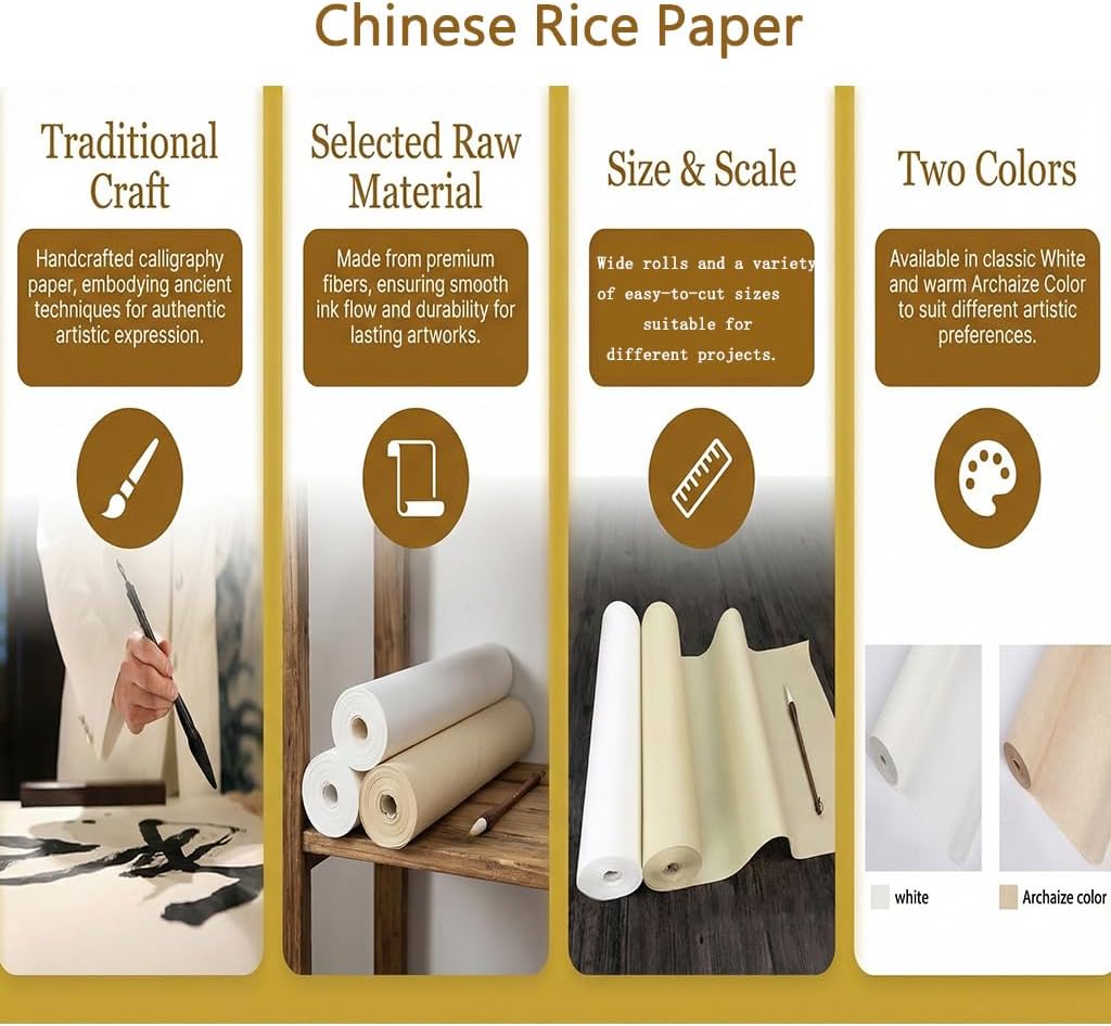 Chinese Rice Paper,Chinese Calligraphy Paper,Rice Paper Sheets,Rice Paper for Decoupage for Artists, Calligraphers, Sumi-e， 宣纸 27 inch (69cm) Wide x 11 Yard (10m) Long (White, 69CM)