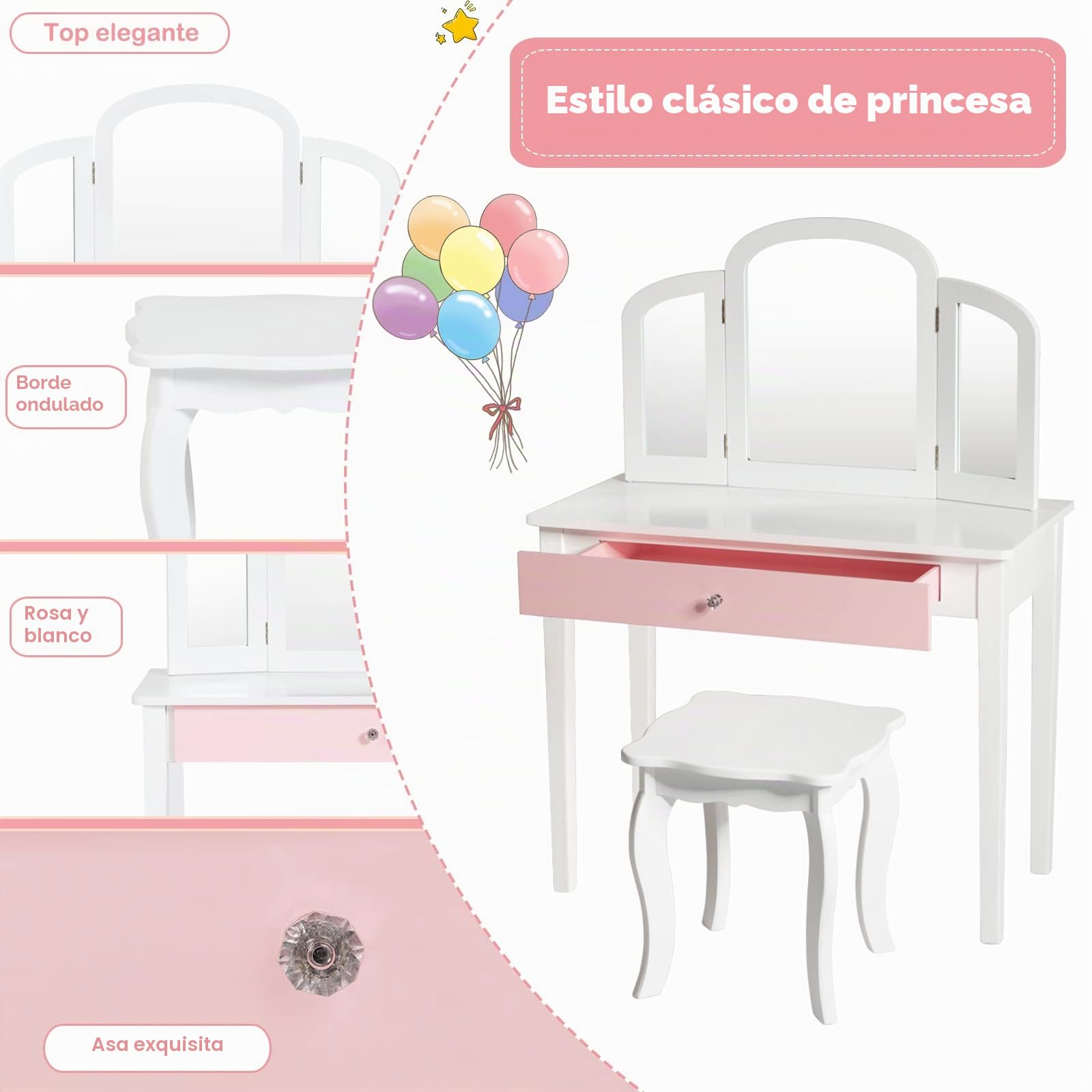 RELAX4LIFE 2 en 1 Tocador de Maquillaje Niña con Taburete y 3 Espejos Extraíbles, Tocaodr Infantil y Escritorio Niña de Madera con Cajón, Maquillaje Niña (Blanco)