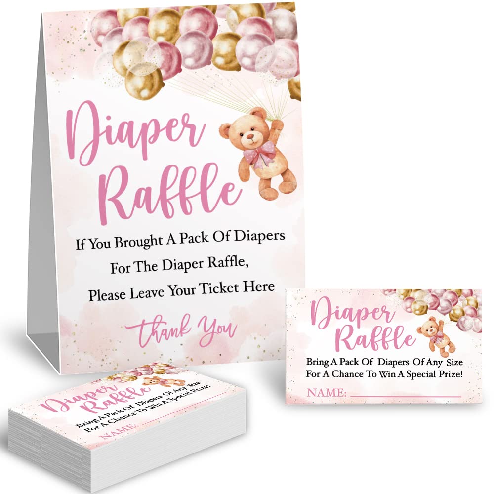 Guawubiang Diaper Raffle Game Set For Baby Shower - Includes Sign & 30 Double-Sided Cards, Bear Theme