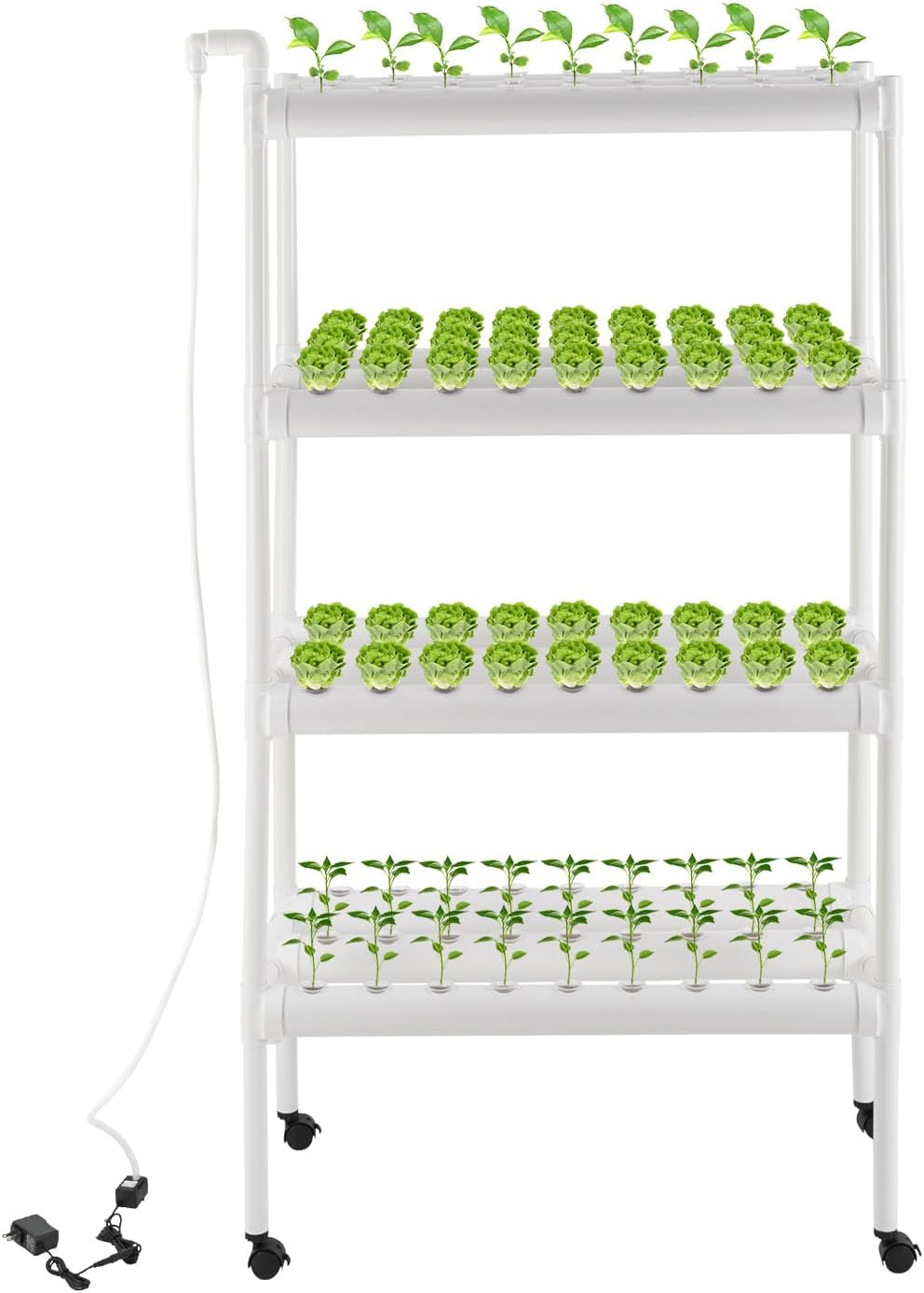Hydroponics Growing System with Wheels, 108 Sites 12 Pipes, 4 Layers Indoor Planting Kit Gardening System Grow Kit with Water Pump, Timer, Baskets, Hammer for Fruits, Vegetables