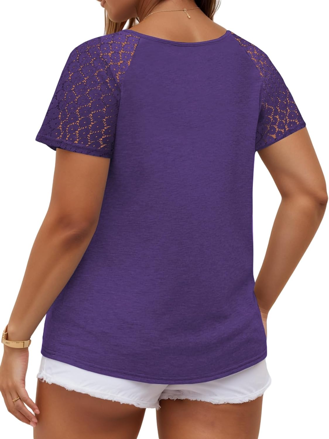 VISLILY Plus-Size-Womens-Summer-Tops Casual V-Neck T Shirts Raglan Lace Dotted Short Sleeve Tunics Cute Trendy Blouses XL-5XL - Image 4