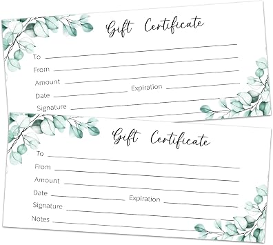 25 Blank Gift Certificates for Business, 3.5 x 8 Inches Greenery Gift Certificate Cards Paper Vouchers for Spa, Salon, Restaurants, Client Vouchers for Birthday, Work Business Present Card - 008