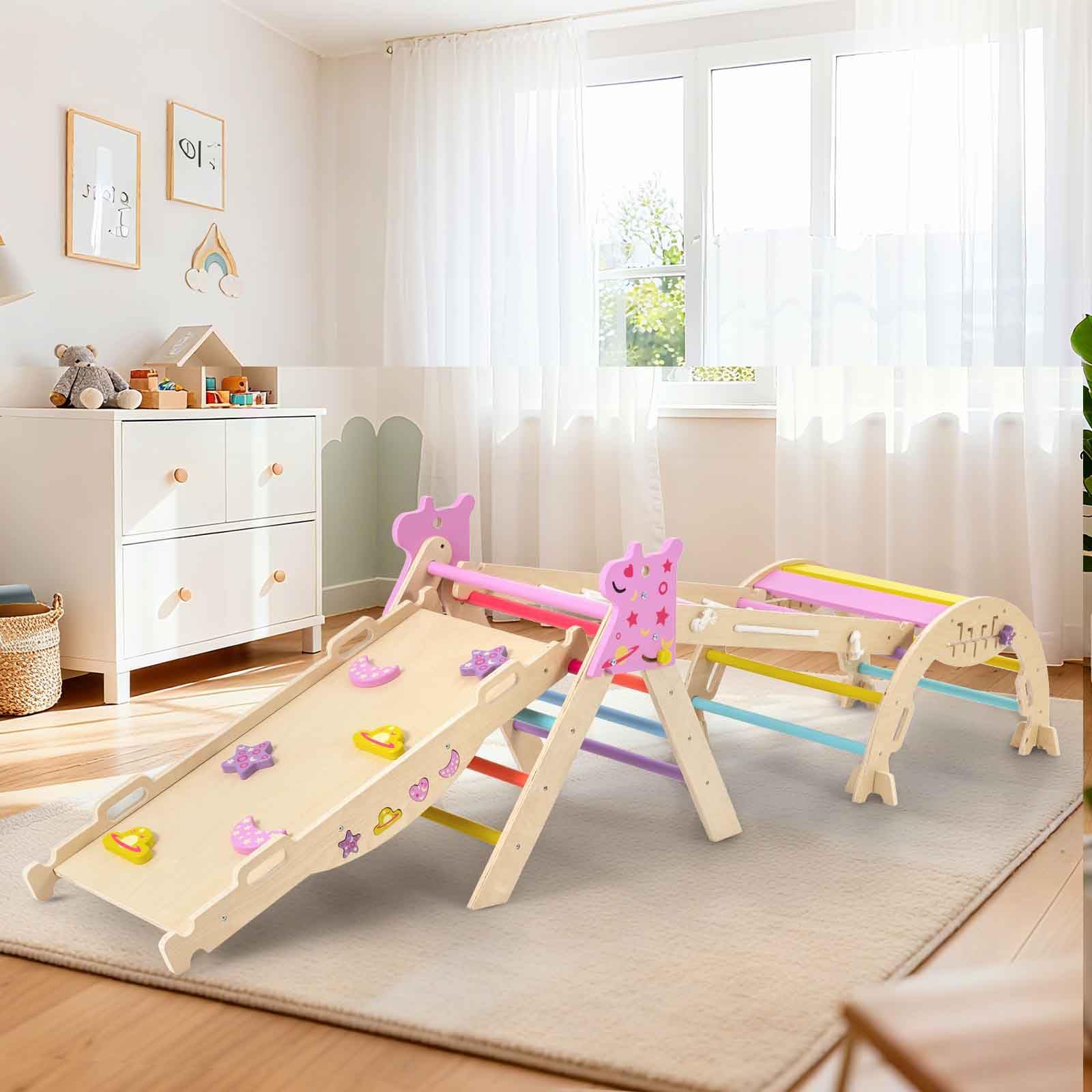 HOMASIS 4 in 1 Kletterdreieck mit Kletternetz, Kletterbogen, Wippe & Leiter, Klettergerüst mit doppelseitige Rampe & Baustein Set, Holz Sprossendreieck für Kinder ab 1 Jahr (Macaron, Einhorn)