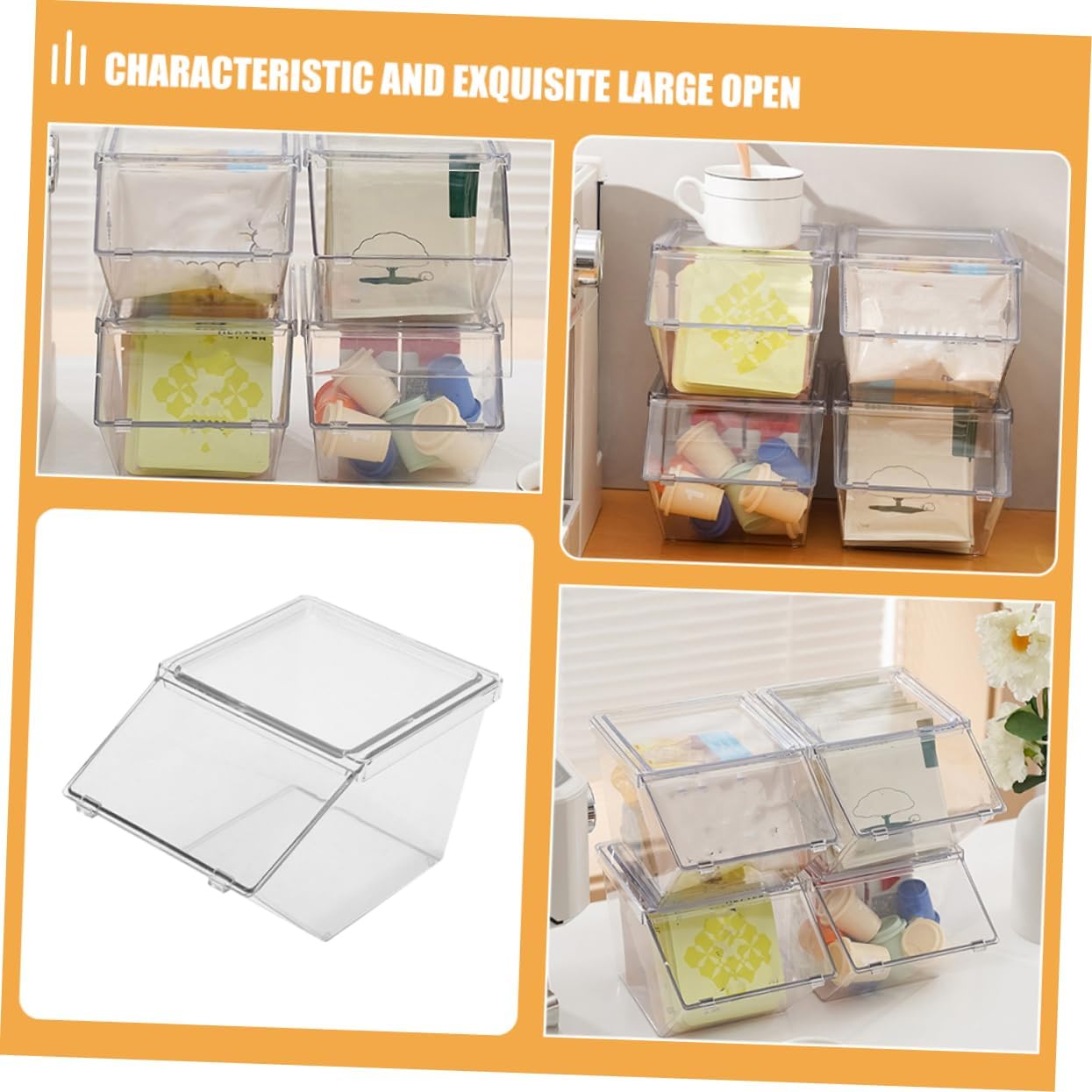Mobestech 4pcs Acrylic Tea Bag Holder Sugar Pack Organizer Stackable Storage Box for Desktop Multi-functional Case for Tea Bags Sweeteners and Snacks Easy to Clean