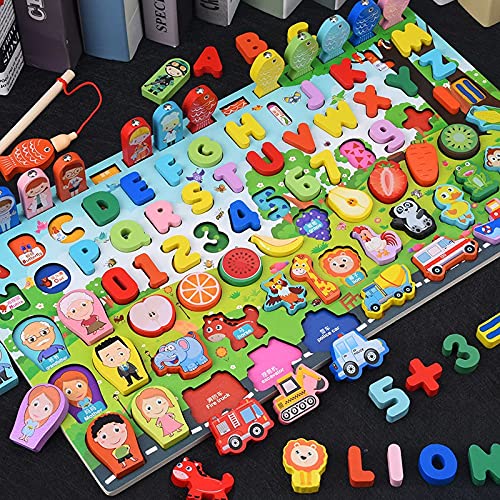 Image of Univocean Montessori Colorful Wooden Toys - Alphabet Numbers Animal Fruits Shape Fishing Game Board for Kids
