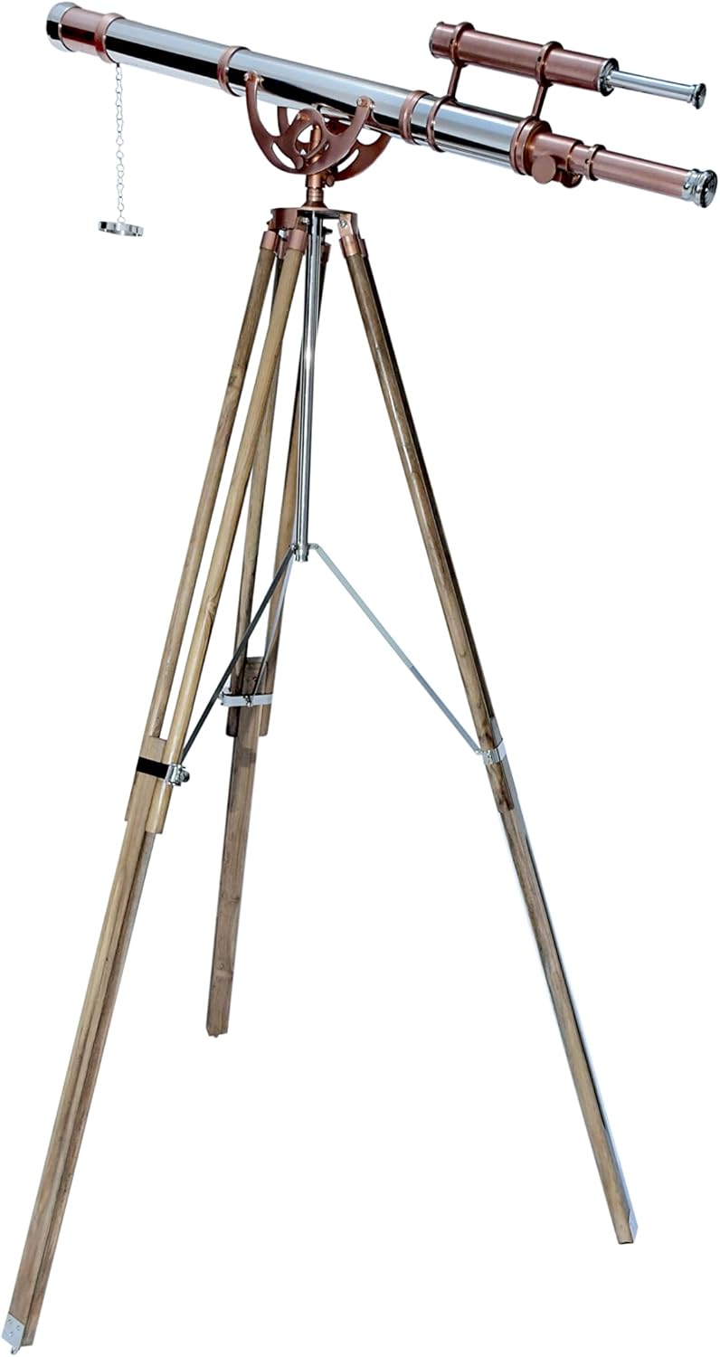 Royal Vintage Shiny Copper/Chrome Finish Telescope Double Barrel Adjustable Natural Wooden Teak Tripod Maritime Nautical Floor Standing Brass Telescope