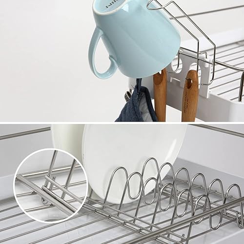 Miniatura 3 de Estante de secado de platos para fregadero, soporte para platos de dos niveles con escurridor de platos de alto grosor, soporte para tazas, cuchara