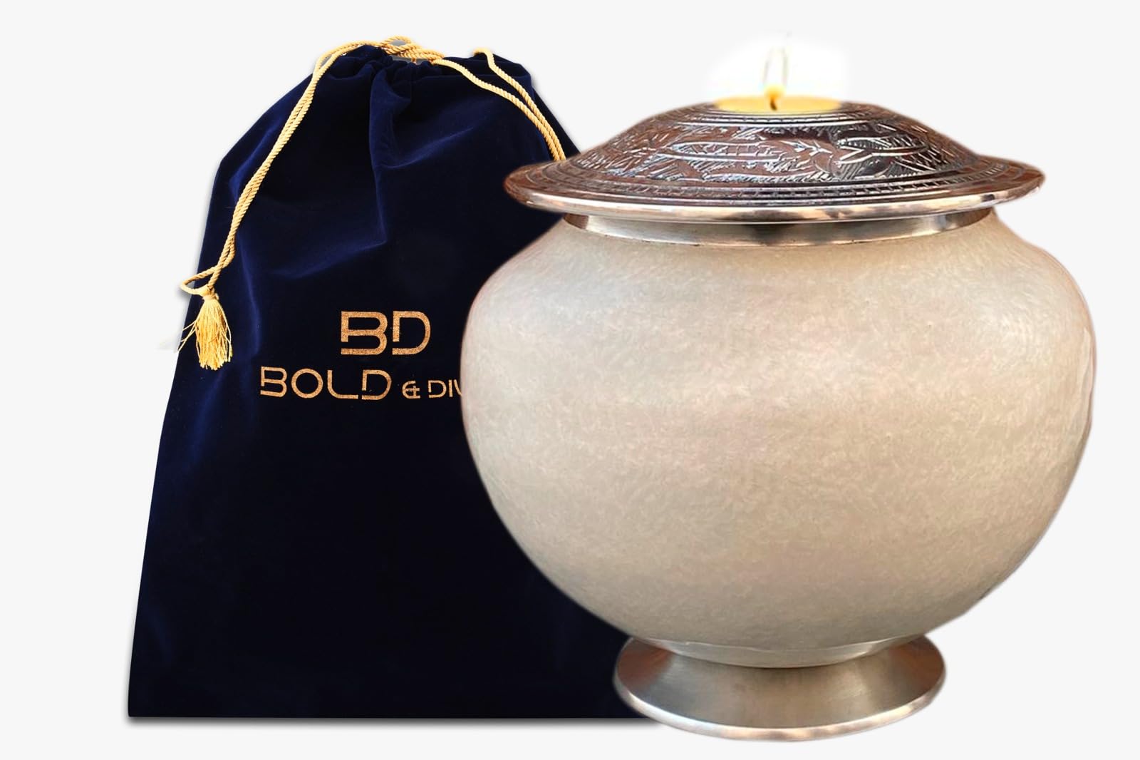 BOLD & DIVINE Cremation Urn With Candle Holder | Large | 200 Cubic Inches | White & Golden | Human Ashes Memorial urn, Burial, Funeral Cremation Urn