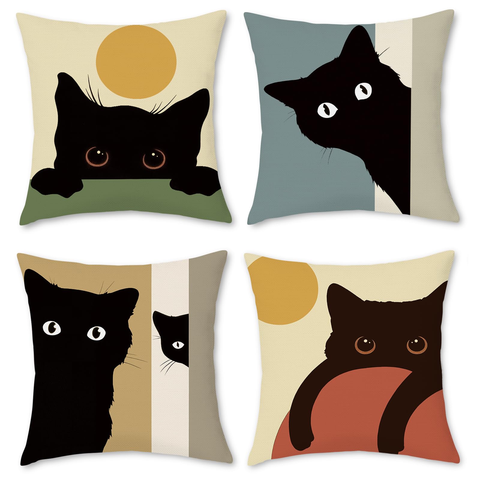 BREASOME Cushion Covers 45 x 45 cm Set of 4 Black Cat Cushion Covers Linen Decorative Square Throw Pillow Cases for Sofa Couch Bedroom Living Room โ image 1