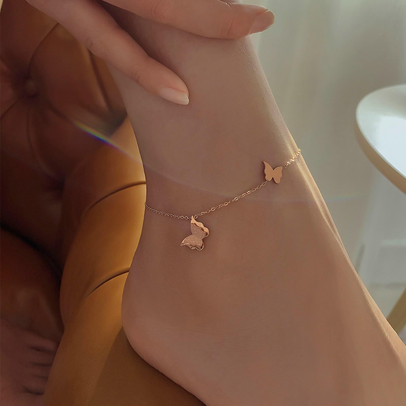 Fußkettchen Jugendliche 9 Karat Rose Gold 375, 9K Rosegold Doppel Schmetterling Fußkette Urlaub Armbänder für Mädchen für Damen, 25cm Länge