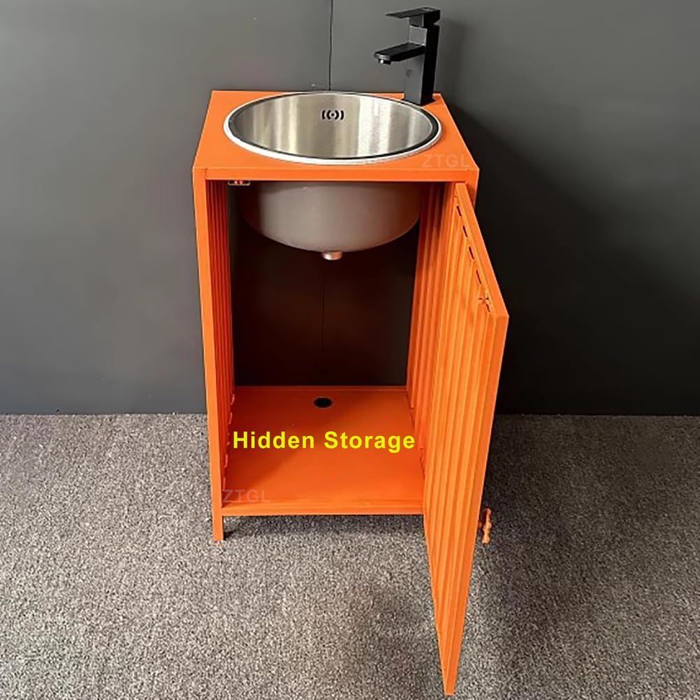 Pink Industrial Bathroom Pedestal with Mirror Freestanding Iron Art Vanity Cabinet Stainless Steel & Storage 46X46X85 Cm for Commercial Use,Orange-Without Mirror
