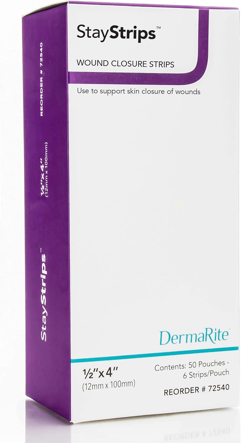 DermaRite's StayStrips Wound Closure Stripes - Flexible, Air Permeable Adhesive for Scar Reduction, No Natural Rubber Latex - 1/2 in. x 4 in., 50 Count