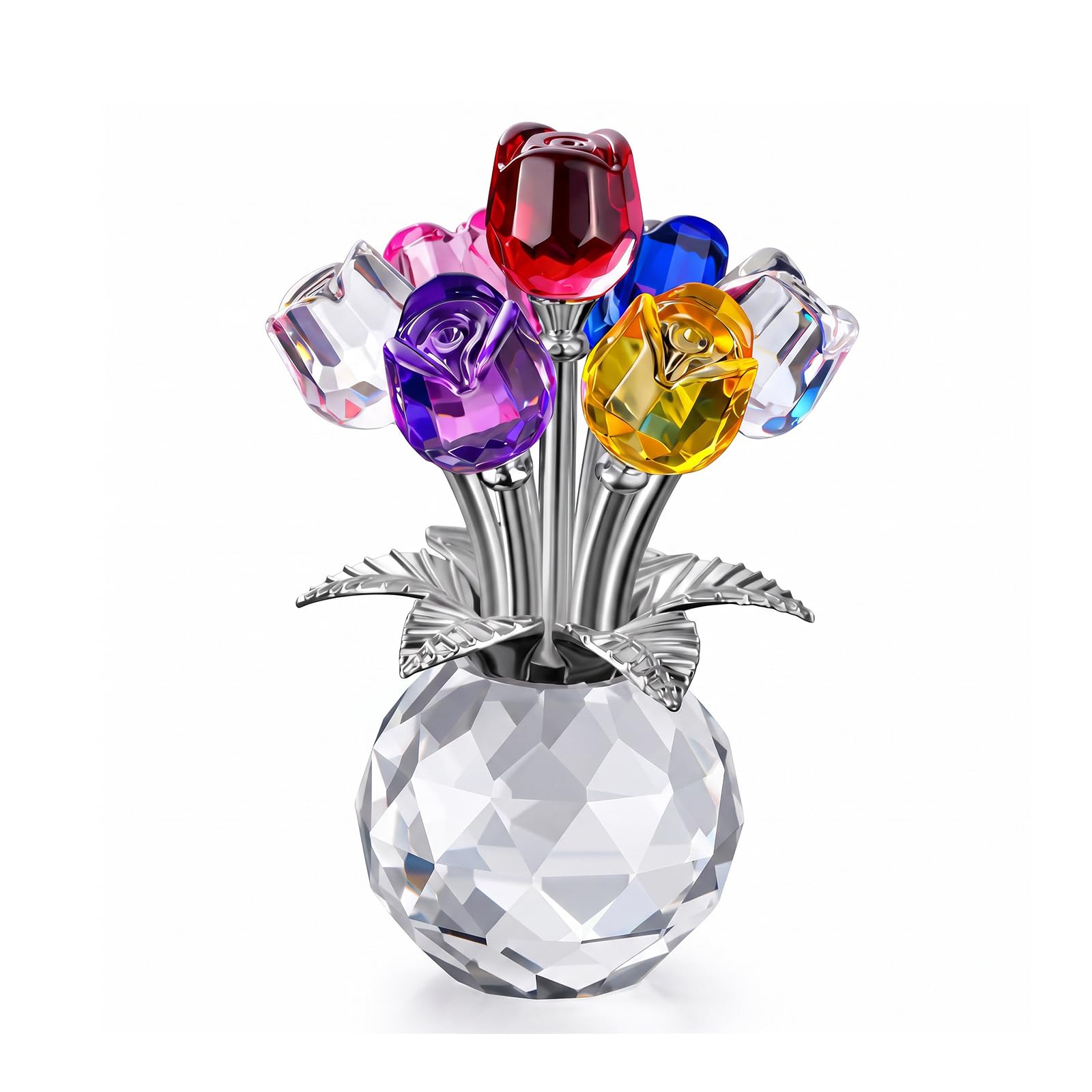 YcsRnn Crystal Flower Ornament, 3D Multicolor Glass Flowers with Base