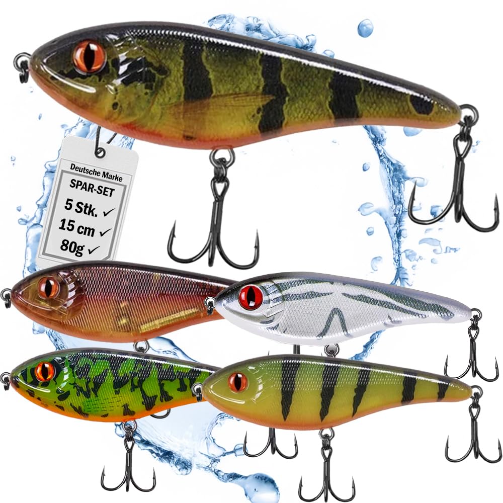 Jerkbait Hecht I 15cm, 80g Slow Sinking für große Hechte, Wobbler Jerkbait Hechtangeln, Kunstköder, Angelköder Raubfische, UV-aktive Jerkbaits