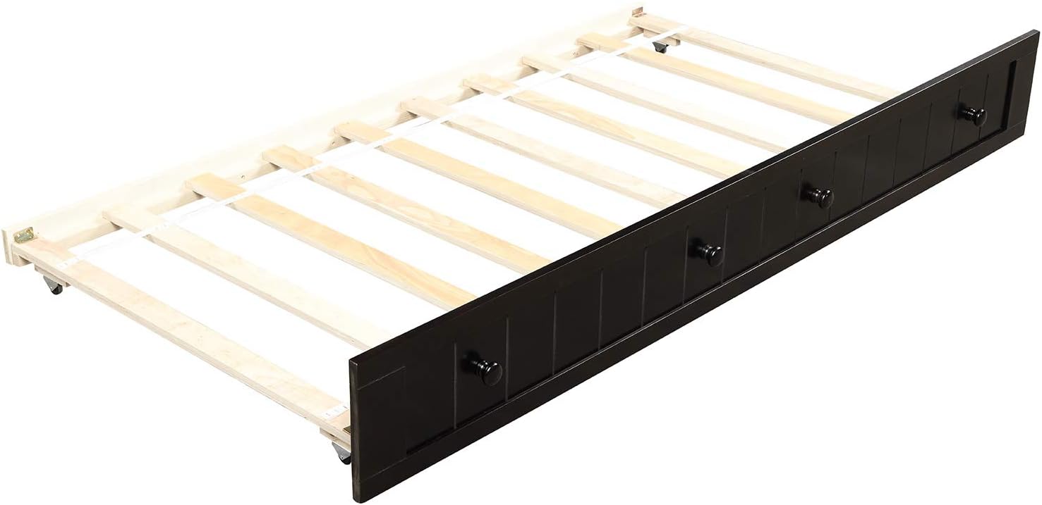 Trundle bed frame with wooden slats and wheels visible.