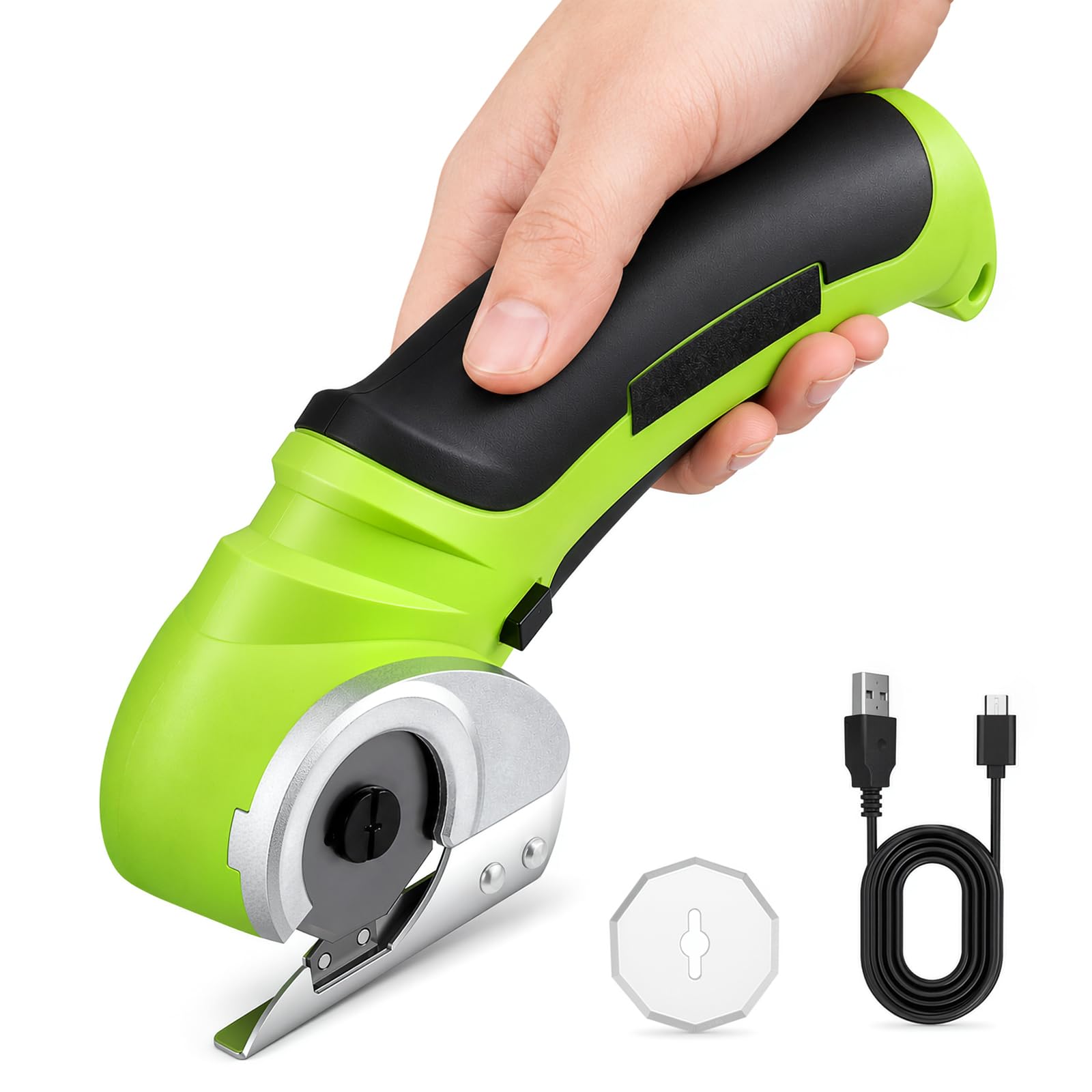 Ciseaux électriques sans fil 4,2 V Mini coupe-tapis et carton avec lame de rechange/chargeur, cutter rotatif pour emballage en carton, cuir et plastique (vert)