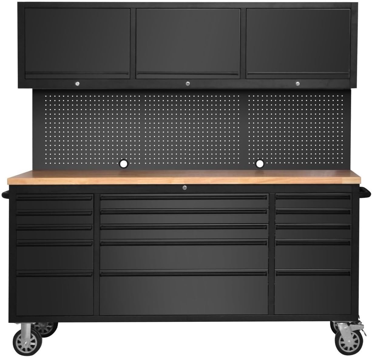 ZGSDTF Thickened 72-inch Toolbox with Wheels, Tool Cabinet with 15 Drawers, 3 Upper Cabinets, Hanging Board, ETL-Certified Power Plug Board, and Heavy