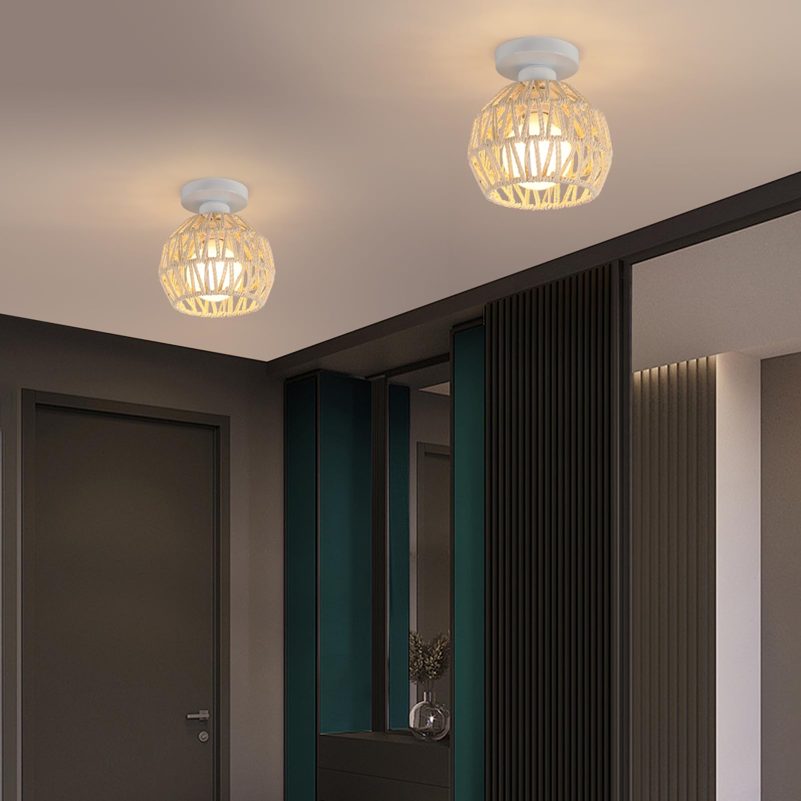 Lot de 2 Plafonnier Vintage E27 Lampe de Plafond Rétro Abat-jour en Métal et Rotin Luminaire Plafonnier Blanc pour Chambre à coucher Cuisine Couloir, Ø16cm