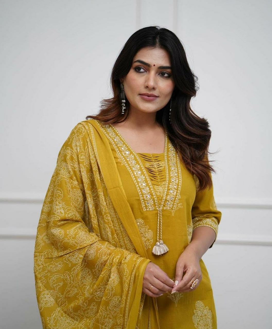 PARTHVI Women's Pure Cotton Printed Ethnic Set with Handwork Kurta with Pants and Dupatta, Wedding Suit Set (P-1079-Yellow-XL) - Image 4 thumbnail