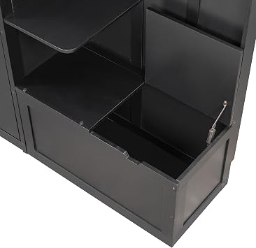 Queen Size Murphy Bed with Side Storage Cabinets, Shelves, Hook and Lights, Solid Wood Cabinet Bed Frame with Hidden Fold-Out Legs, Space-Saving Can be Folded Design (Black-4.16)
