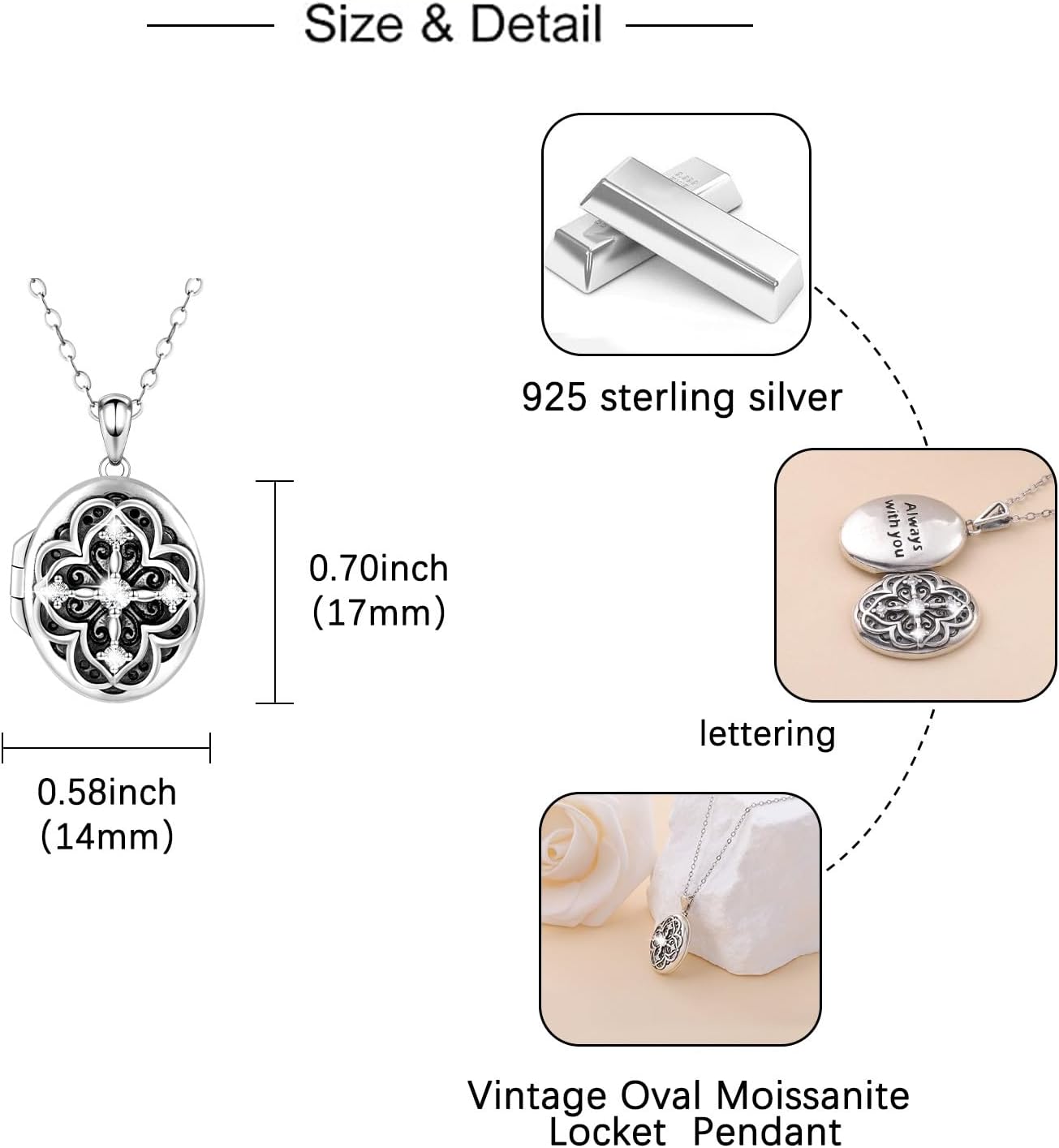 Oval Moissanite Locket Necklace for Women - 925 Sterling Silver Locket Pendant with Photo Vintage Moissanite Lockets Necklace Holds Pictures Engraved “Always with You ”Memorial Jewelry Gift for Mom Daughter