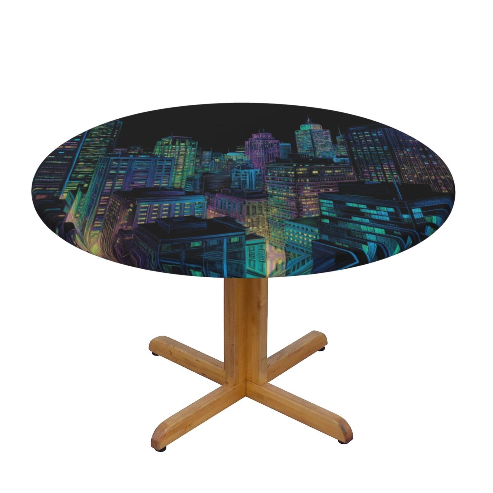 ESNAIUVCD Neon-lit Cityscape print Waterproof Round Tablecloth,Outdoor Table Cloth with Elastic Edged, Elastic Tablecloth Wipeable, Garden Table Cloth Suitable for sizes 90cm-140cm